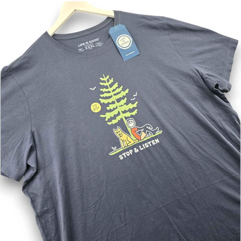 Life is Good Mens 3XL T-Shirt Blue Cotton Crusher-Lite Stop Listen Jake Rocket